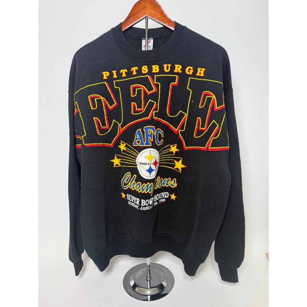 Vtg 90s NFL Mens XL Pittsburgh‎ Steelers Spellout AFC Champions Sweatshirt Black